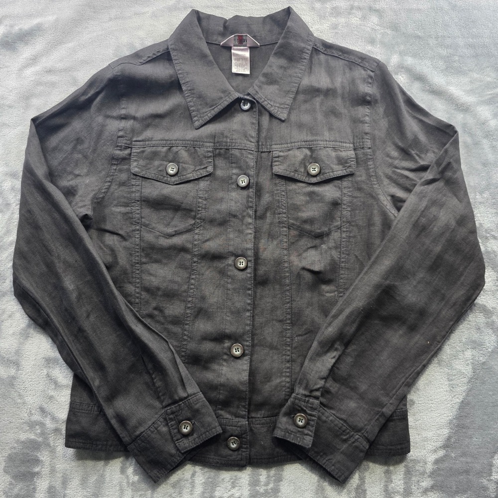 Hard Tail‎ Forever Linen Jacket Womens M Black Button Front Made USA Lightweight